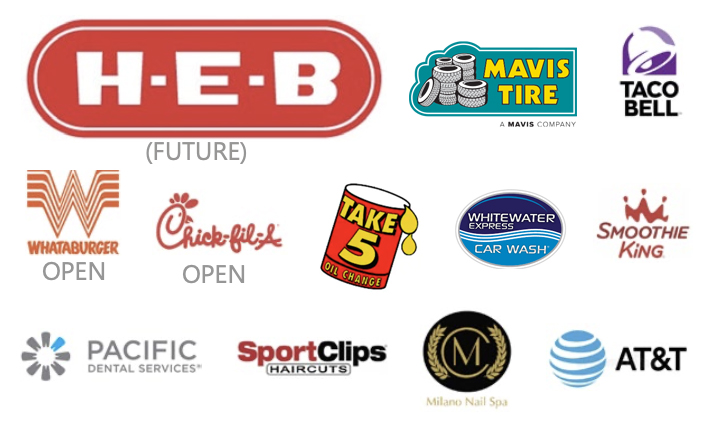 Key Retailers - HEB, Mavis Tire, Taco Bell, Whataburger, Chick-fil-A, Take 5, Whitewater Express, Smoothie King, Pacific Dental, Sport Clips, Milano Nail Spa, AT&T